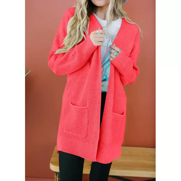 imageZESICA Womens 2023 Fall Casual Long Sleeve Open Front Waffle Knit Sweater Cardigans Coat Outwear with PocketsWatermelon