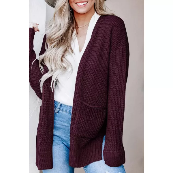 imageZESICA Womens 2023 Fall Casual Long Sleeve Open Front Waffle Knit Sweater Cardigans Coat Outwear with PocketsWine
