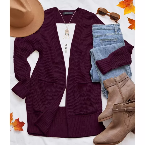 imageZESICA Womens 2023 Fall Casual Long Sleeve Open Front Waffle Knit Sweater Cardigans Coat Outwear with PocketsWine