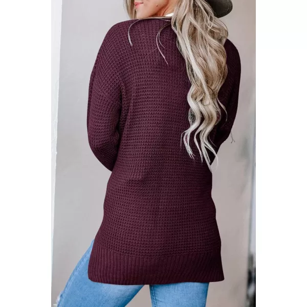 imageZESICA Womens 2023 Fall Casual Long Sleeve Open Front Waffle Knit Sweater Cardigans Coat Outwear with PocketsWine