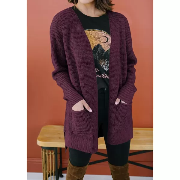 imageZESICA Womens 2023 Fall Casual Long Sleeve Open Front Waffle Knit Sweater Cardigans Coat Outwear with PocketsWine