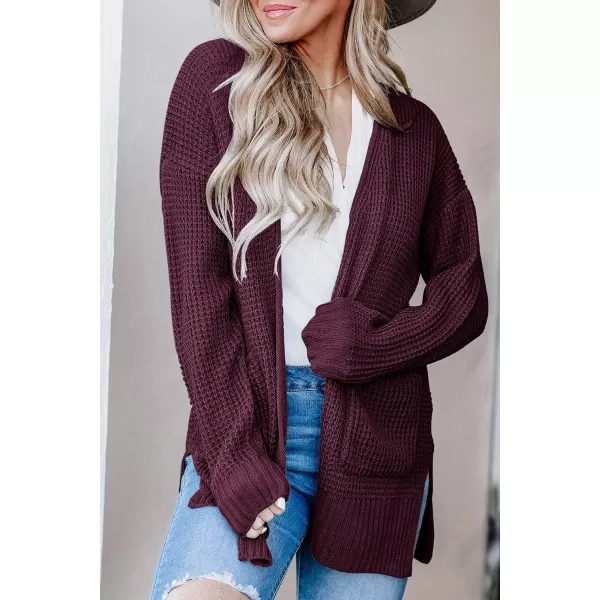 imageZESICA Womens 2023 Fall Casual Long Sleeve Open Front Waffle Knit Sweater Cardigans Coat Outwear with PocketsWine