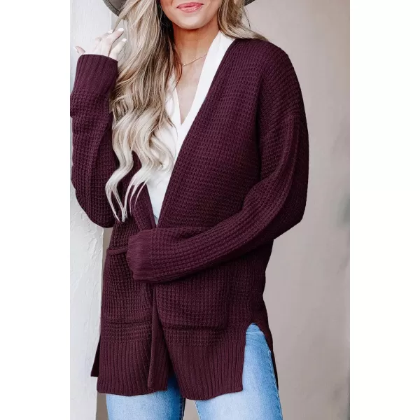 imageZESICA Womens 2023 Fall Casual Long Sleeve Open Front Waffle Knit Sweater Cardigans Coat Outwear with PocketsWine