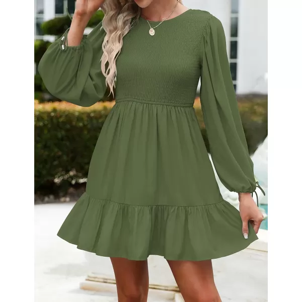 imageZESICA Womens 2023 Fall Dress Long Sleeve Smocked Casual Crew Neck Tiered Flowy Wedding Party Mini DressesArmygreen