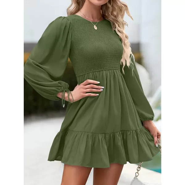 imageZESICA Womens 2023 Fall Dress Long Sleeve Smocked Casual Crew Neck Tiered Flowy Wedding Party Mini DressesArmygreen