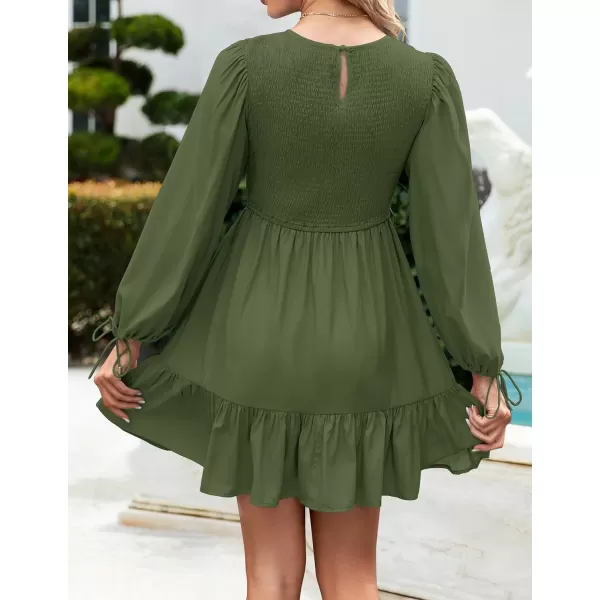imageZESICA Womens 2023 Fall Dress Long Sleeve Smocked Casual Crew Neck Tiered Flowy Wedding Party Mini DressesArmygreen
