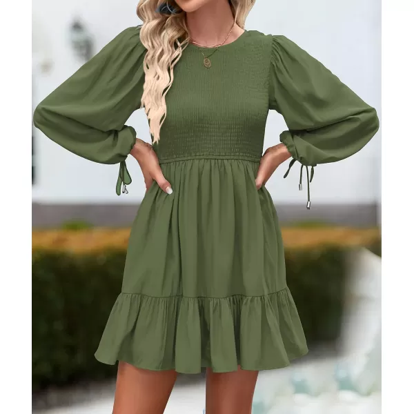 imageZESICA Womens 2023 Fall Dress Long Sleeve Smocked Casual Crew Neck Tiered Flowy Wedding Party Mini DressesArmygreen