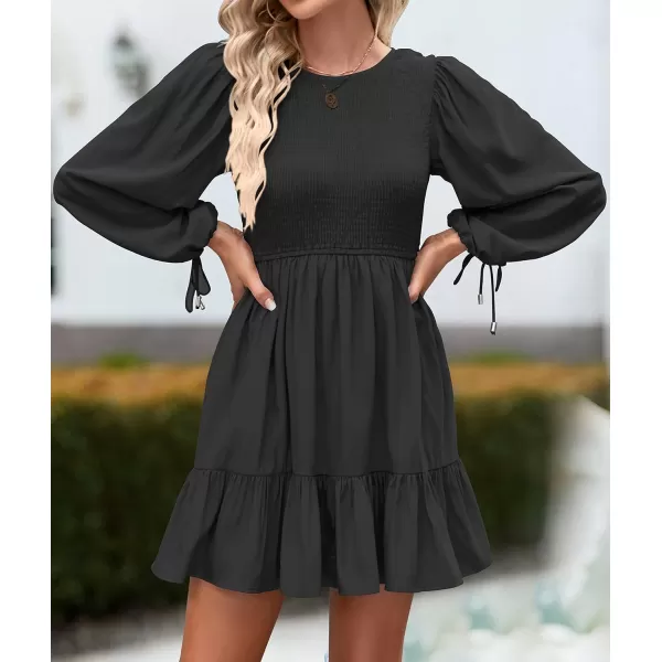 imageZESICA Womens 2023 Fall Dress Long Sleeve Smocked Casual Crew Neck Tiered Flowy Wedding Party Mini DressesBlack