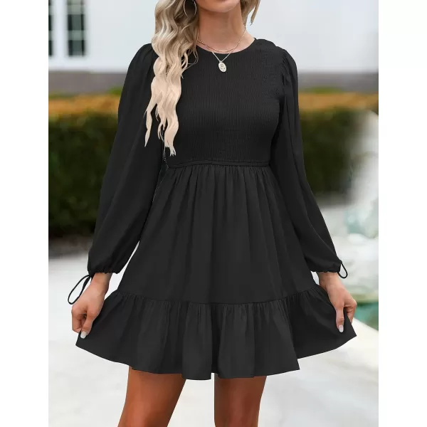 imageZESICA Womens 2023 Fall Dress Long Sleeve Smocked Casual Crew Neck Tiered Flowy Wedding Party Mini DressesBlack