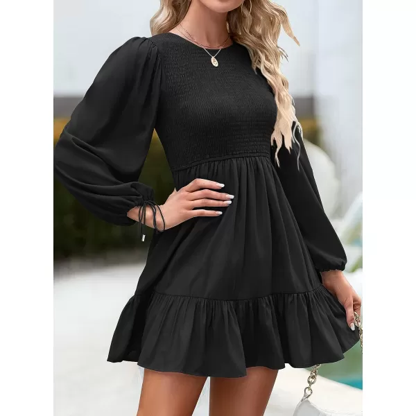 imageZESICA Womens 2023 Fall Dress Long Sleeve Smocked Casual Crew Neck Tiered Flowy Wedding Party Mini DressesBlack