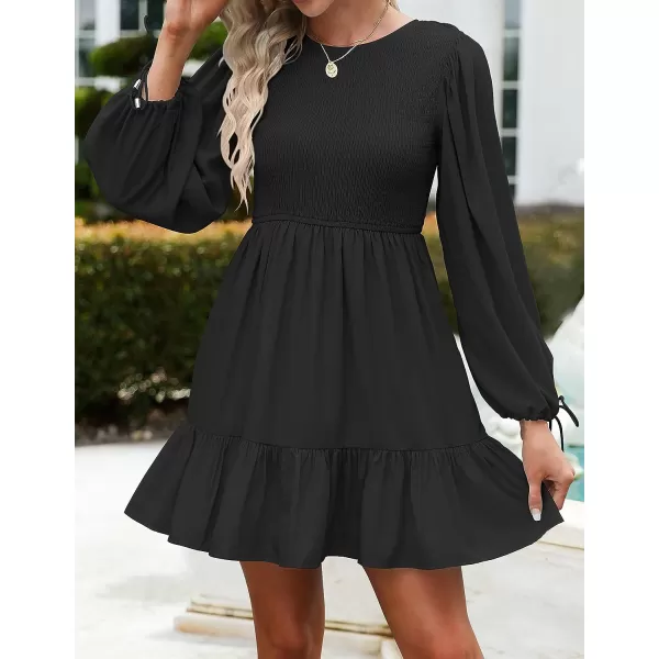 imageZESICA Womens 2023 Fall Dress Long Sleeve Smocked Casual Crew Neck Tiered Flowy Wedding Party Mini DressesBlack