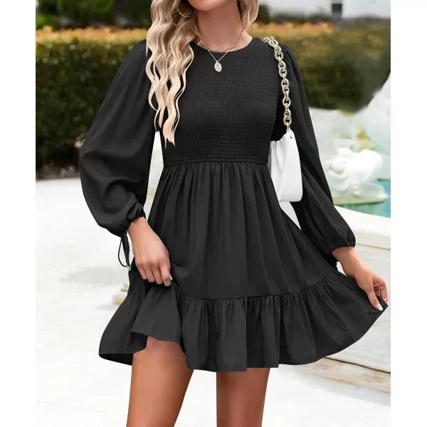 imageZESICA Womens 2023 Fall Dress Long Sleeve Smocked Casual Crew Neck Tiered Flowy Wedding Party Mini DressesBlack