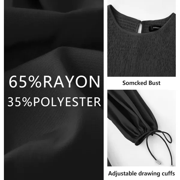 imageZESICA Womens 2023 Fall Dress Long Sleeve Smocked Casual Crew Neck Tiered Flowy Wedding Party Mini DressesBlack