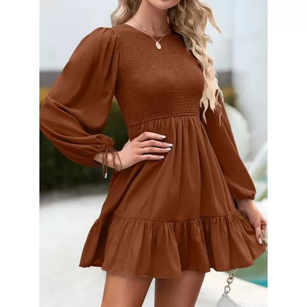 imageZESICA Womens 2023 Fall Dress Long Sleeve Smocked Casual Crew Neck Tiered Flowy Wedding Party Mini DressesBrown