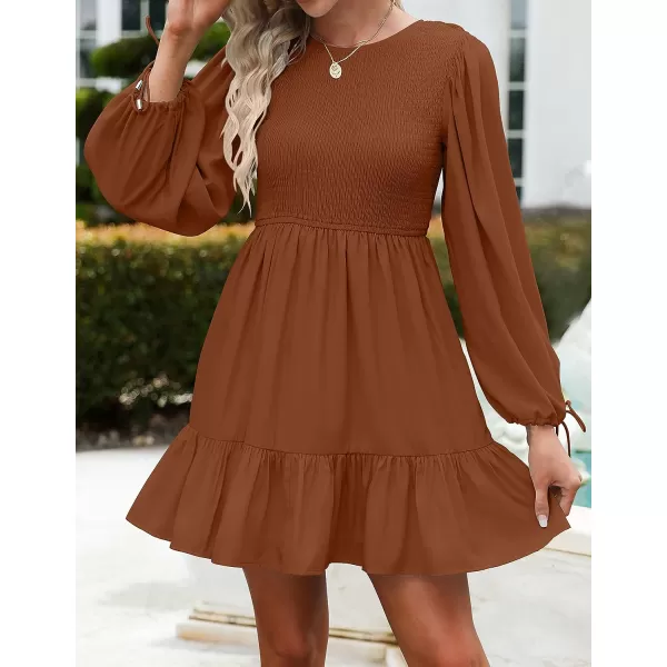 imageZESICA Womens 2023 Fall Dress Long Sleeve Smocked Casual Crew Neck Tiered Flowy Wedding Party Mini DressesBrown