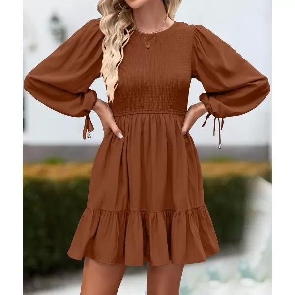 imageZESICA Womens 2023 Fall Dress Long Sleeve Smocked Casual Crew Neck Tiered Flowy Wedding Party Mini DressesBrown