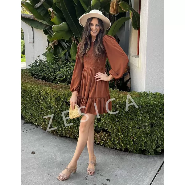 imageZESICA Womens 2023 Fall Dress Long Sleeve Smocked Casual Crew Neck Tiered Flowy Wedding Party Mini DressesBrown