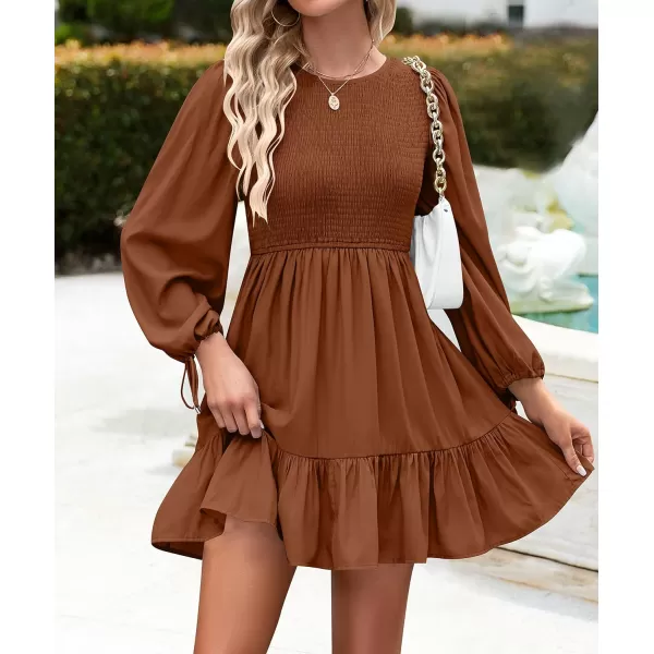 imageZESICA Womens 2023 Fall Dress Long Sleeve Smocked Casual Crew Neck Tiered Flowy Wedding Party Mini DressesBrown