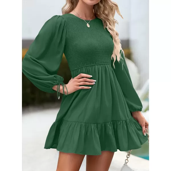 imageZESICA Womens 2023 Fall Dress Long Sleeve Smocked Casual Crew Neck Tiered Flowy Wedding Party Mini DressesForestgreen