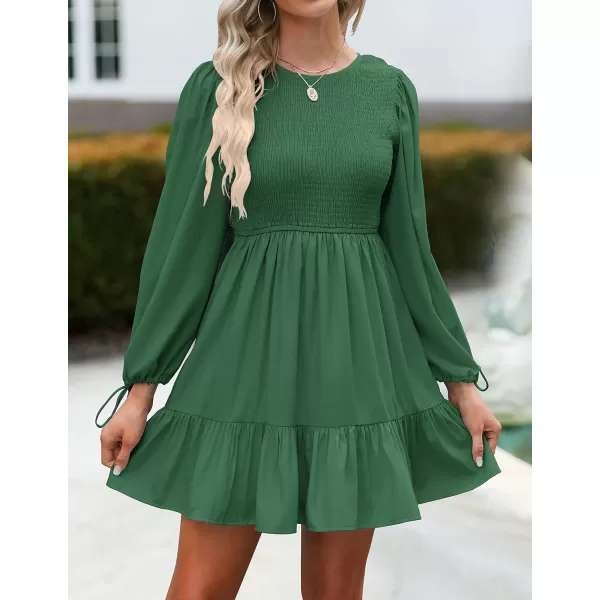 imageZESICA Womens 2023 Fall Dress Long Sleeve Smocked Casual Crew Neck Tiered Flowy Wedding Party Mini DressesForestgreen