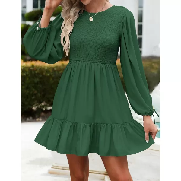 imageZESICA Womens 2023 Fall Dress Long Sleeve Smocked Casual Crew Neck Tiered Flowy Wedding Party Mini DressesForestgreen