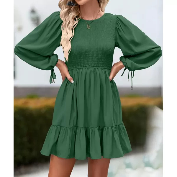 imageZESICA Womens 2023 Fall Dress Long Sleeve Smocked Casual Crew Neck Tiered Flowy Wedding Party Mini DressesForestgreen