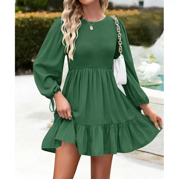 imageZESICA Womens 2023 Fall Dress Long Sleeve Smocked Casual Crew Neck Tiered Flowy Wedding Party Mini DressesForestgreen
