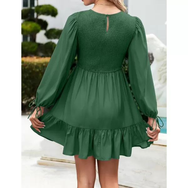 imageZESICA Womens 2023 Fall Dress Long Sleeve Smocked Casual Crew Neck Tiered Flowy Wedding Party Mini DressesForestgreen