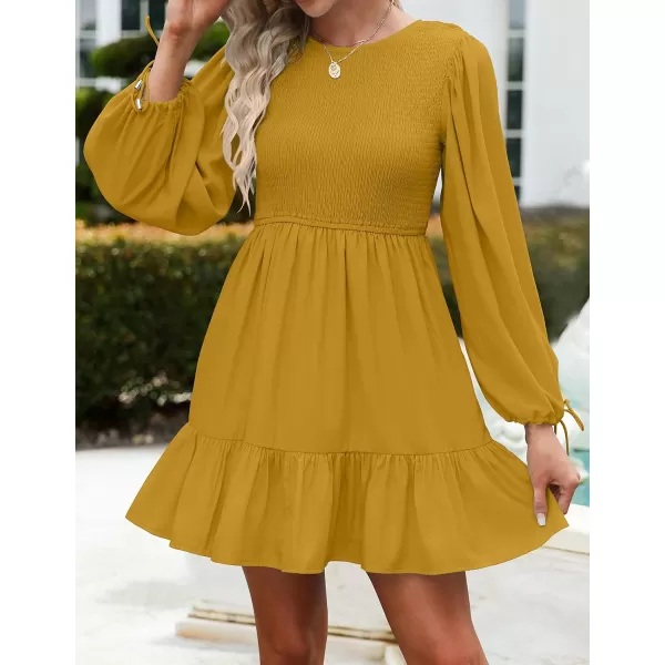 imageZESICA Womens 2023 Fall Dress Long Sleeve Smocked Casual Crew Neck Tiered Flowy Wedding Party Mini DressesGinger