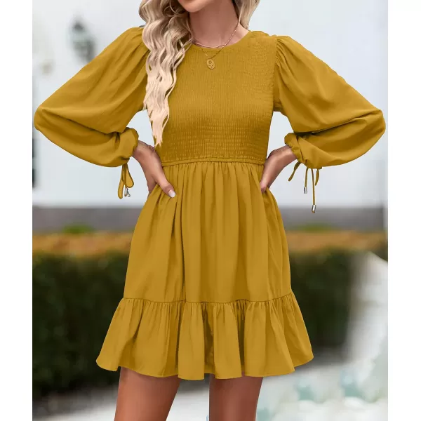 imageZESICA Womens 2023 Fall Dress Long Sleeve Smocked Casual Crew Neck Tiered Flowy Wedding Party Mini DressesGinger