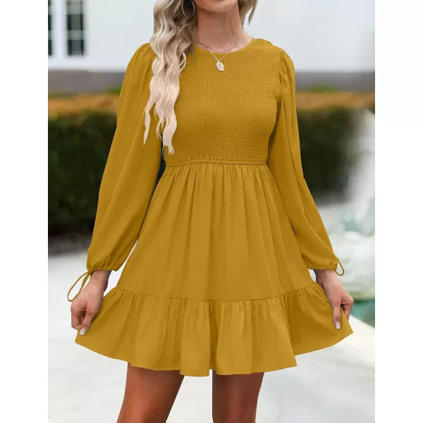 imageZESICA Womens 2023 Fall Dress Long Sleeve Smocked Casual Crew Neck Tiered Flowy Wedding Party Mini DressesGinger