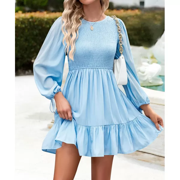 imageZESICA Womens 2023 Fall Dress Long Sleeve Smocked Casual Crew Neck Tiered Flowy Wedding Party Mini DressesLightblue