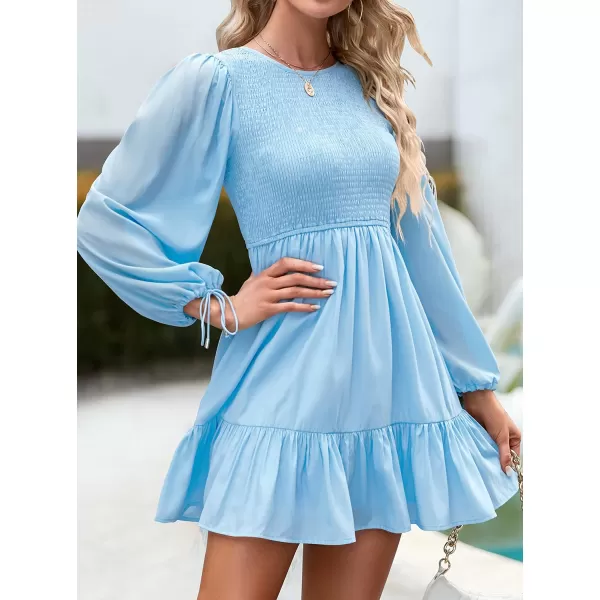 imageZESICA Womens 2023 Fall Dress Long Sleeve Smocked Casual Crew Neck Tiered Flowy Wedding Party Mini DressesLightblue