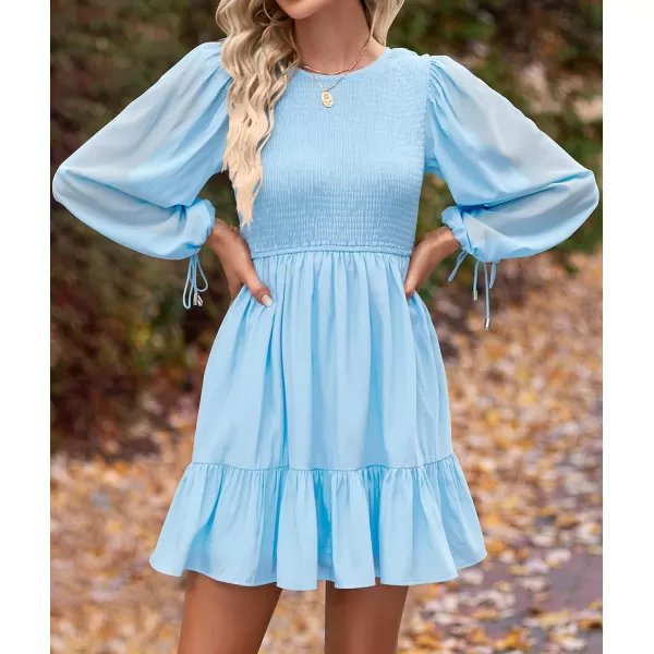 imageZESICA Womens 2023 Fall Dress Long Sleeve Smocked Casual Crew Neck Tiered Flowy Wedding Party Mini DressesLightblue