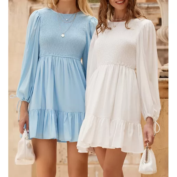 imageZESICA Womens 2023 Fall Dress Long Sleeve Smocked Casual Crew Neck Tiered Flowy Wedding Party Mini DressesLightblue