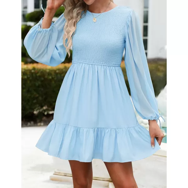 imageZESICA Womens 2023 Fall Dress Long Sleeve Smocked Casual Crew Neck Tiered Flowy Wedding Party Mini DressesLightblue