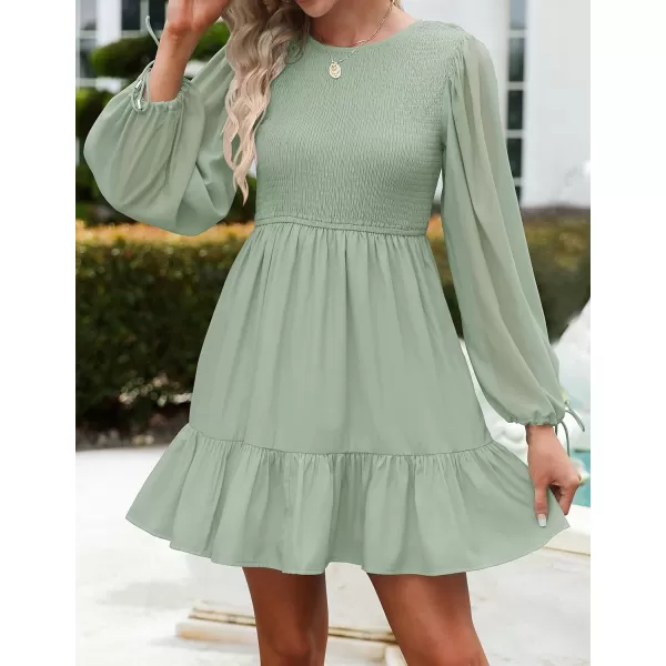 imageZESICA Womens 2023 Fall Dress Long Sleeve Smocked Casual Crew Neck Tiered Flowy Wedding Party Mini DressesLightgreen