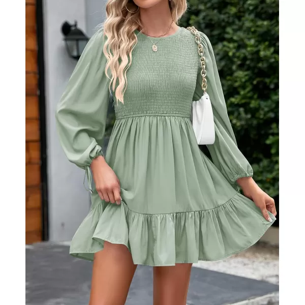 imageZESICA Womens 2023 Fall Dress Long Sleeve Smocked Casual Crew Neck Tiered Flowy Wedding Party Mini DressesLightgreen