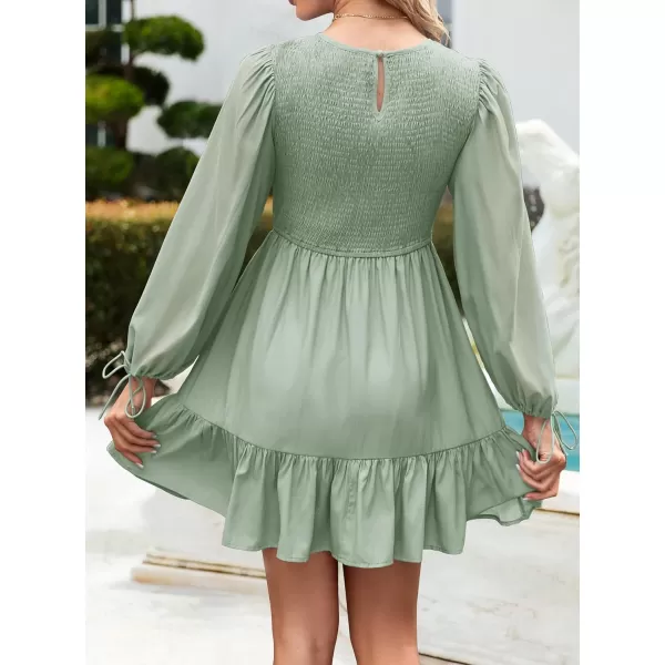imageZESICA Womens 2023 Fall Dress Long Sleeve Smocked Casual Crew Neck Tiered Flowy Wedding Party Mini DressesLightgreen