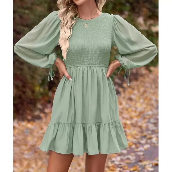 imageZESICA Womens 2023 Fall Dress Long Sleeve Smocked Casual Crew Neck Tiered Flowy Wedding Party Mini DressesLightgreen