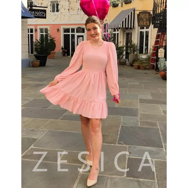 imageZESICA Womens 2023 Fall Dress Long Sleeve Smocked Casual Crew Neck Tiered Flowy Wedding Party Mini DressesPink