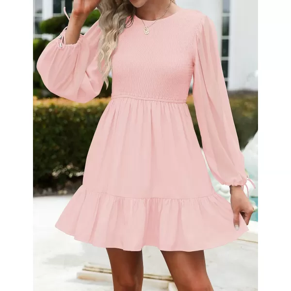 imageZESICA Womens 2023 Fall Dress Long Sleeve Smocked Casual Crew Neck Tiered Flowy Wedding Party Mini DressesPink