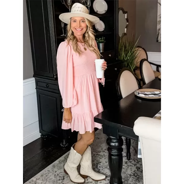 imageZESICA Womens 2023 Fall Dress Long Sleeve Smocked Casual Crew Neck Tiered Flowy Wedding Party Mini DressesPink
