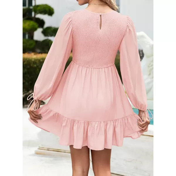 imageZESICA Womens 2023 Fall Dress Long Sleeve Smocked Casual Crew Neck Tiered Flowy Wedding Party Mini DressesPink