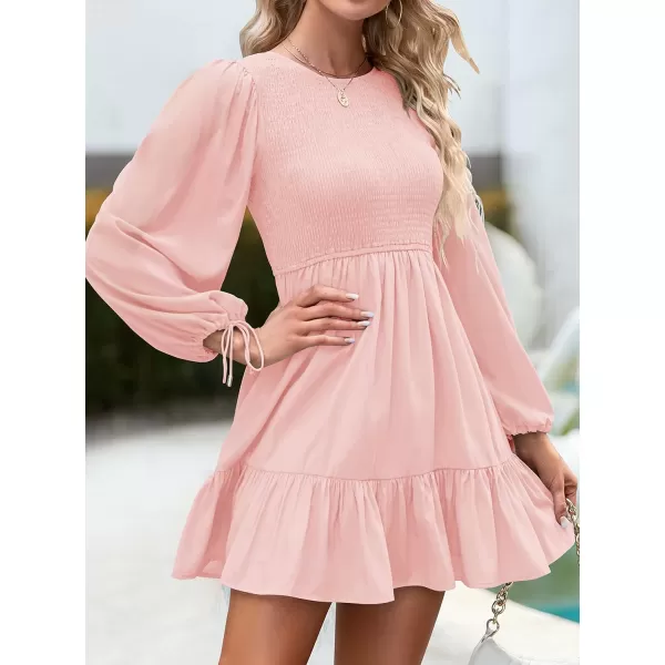 imageZESICA Womens 2023 Fall Dress Long Sleeve Smocked Casual Crew Neck Tiered Flowy Wedding Party Mini DressesPink