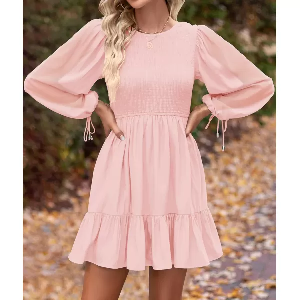 imageZESICA Womens 2023 Fall Dress Long Sleeve Smocked Casual Crew Neck Tiered Flowy Wedding Party Mini DressesPink