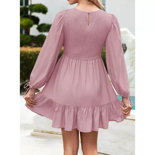 imageZESICA Womens 2023 Fall Dress Long Sleeve Smocked Casual Crew Neck Tiered Flowy Wedding Party Mini DressesPinkpurple