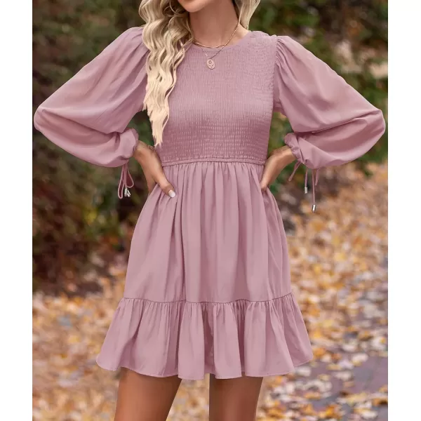 imageZESICA Womens 2023 Fall Dress Long Sleeve Smocked Casual Crew Neck Tiered Flowy Wedding Party Mini DressesPinkpurple