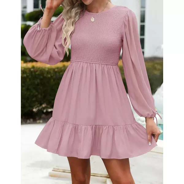 imageZESICA Womens 2023 Fall Dress Long Sleeve Smocked Casual Crew Neck Tiered Flowy Wedding Party Mini DressesPinkpurple