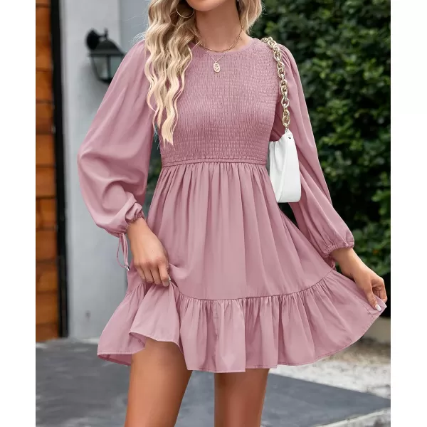 imageZESICA Womens 2023 Fall Dress Long Sleeve Smocked Casual Crew Neck Tiered Flowy Wedding Party Mini DressesPinkpurple